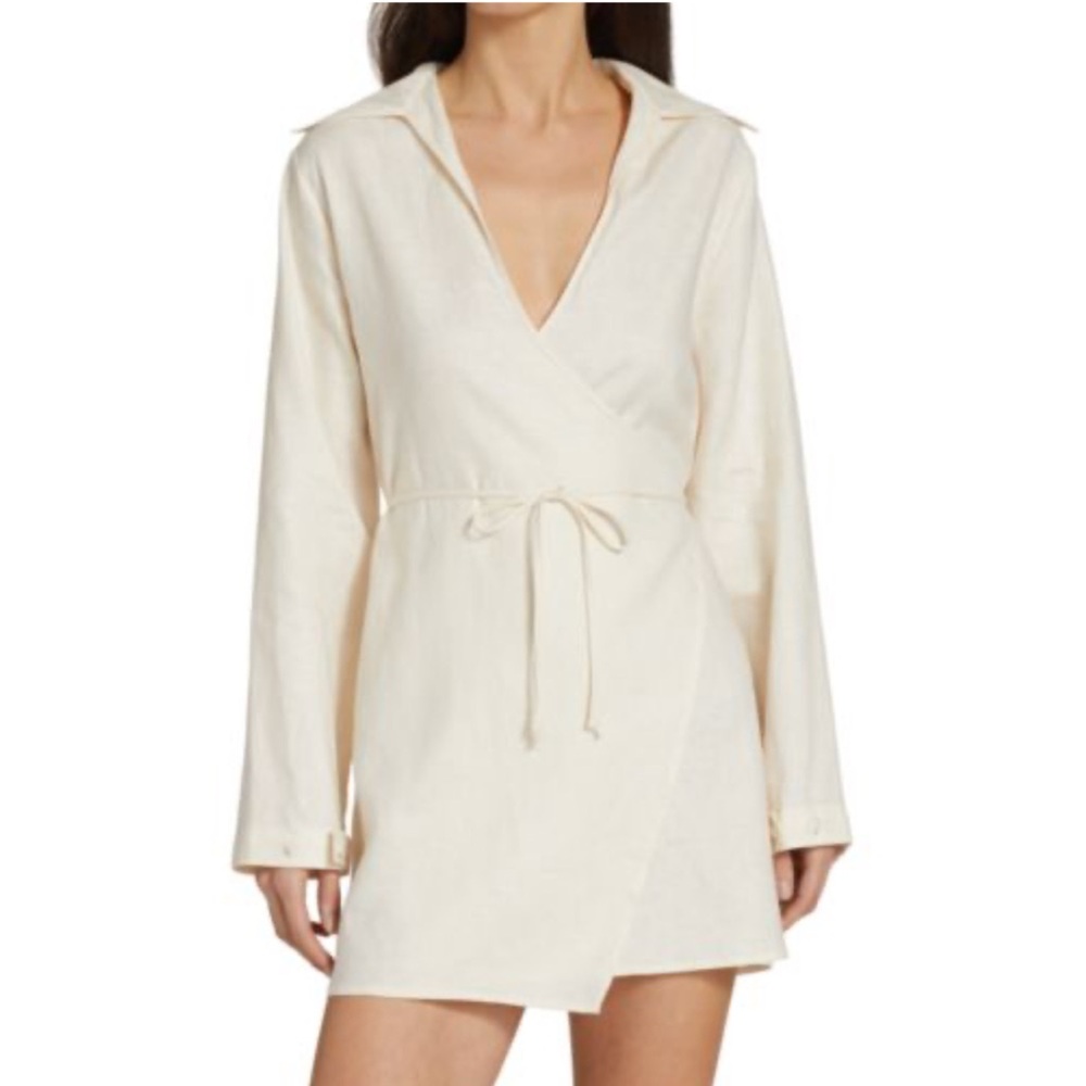Matthew Bruch Wrap Spread Collar 100% Linen Cream Mini Dress Size 1/XS